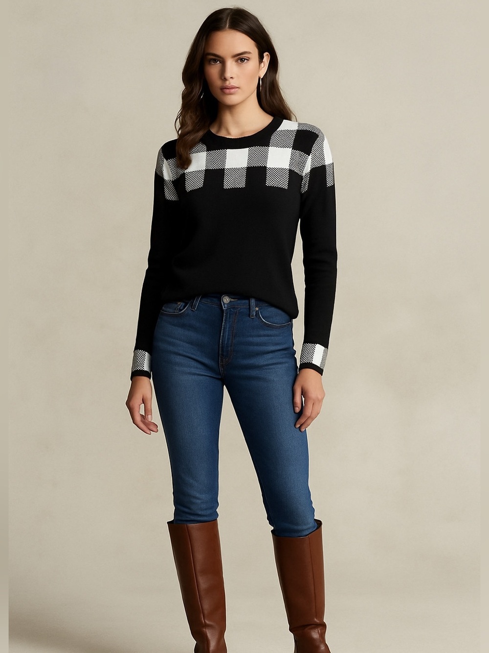 Saint James Wool Breton Black White Gray Plaid Stripe Crewneck Sweater size 6